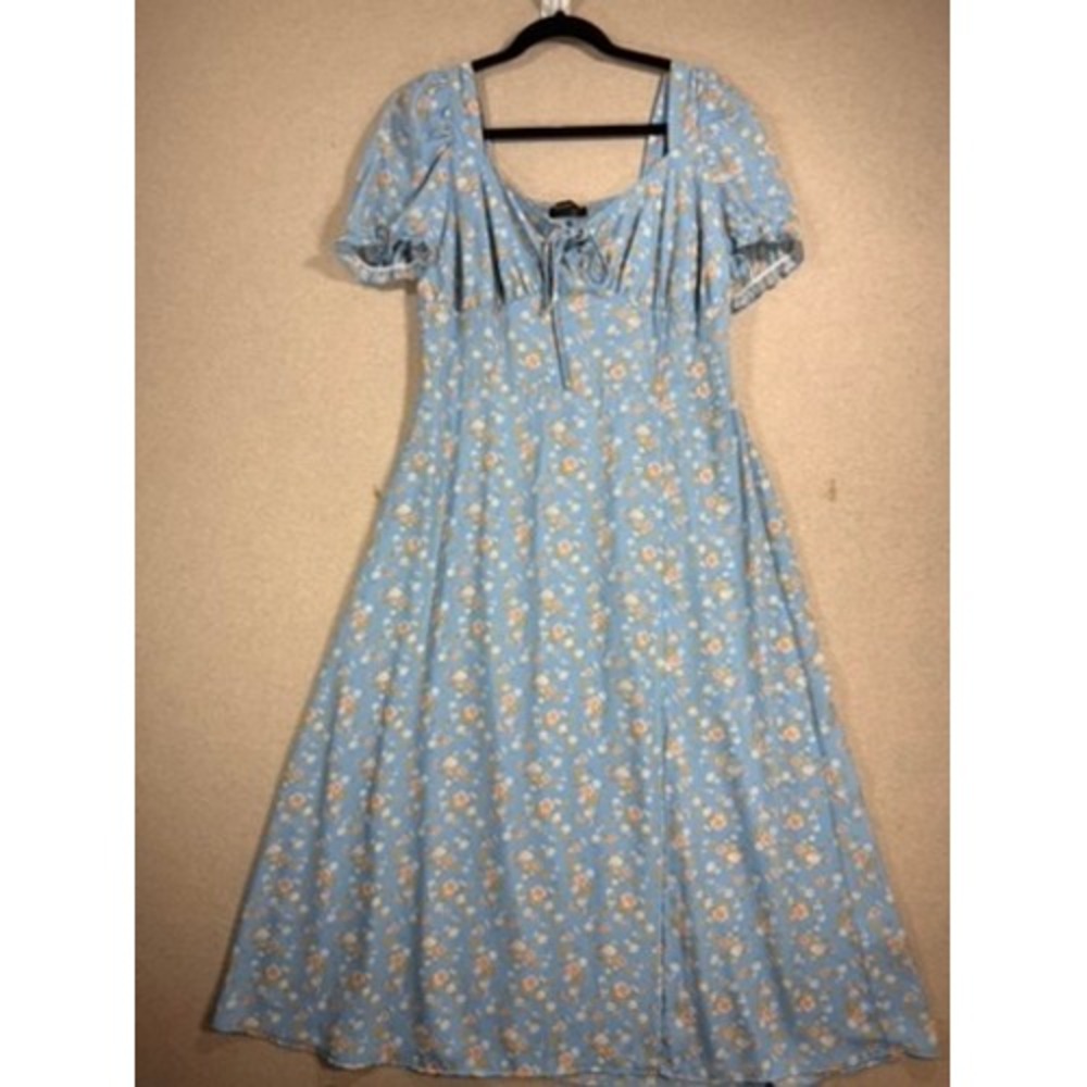 Hesperus Floral Midi Dress‎ Womens XL Blue Excellent Cottagecore Puff Sleeve